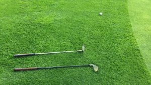 golf clubs on green